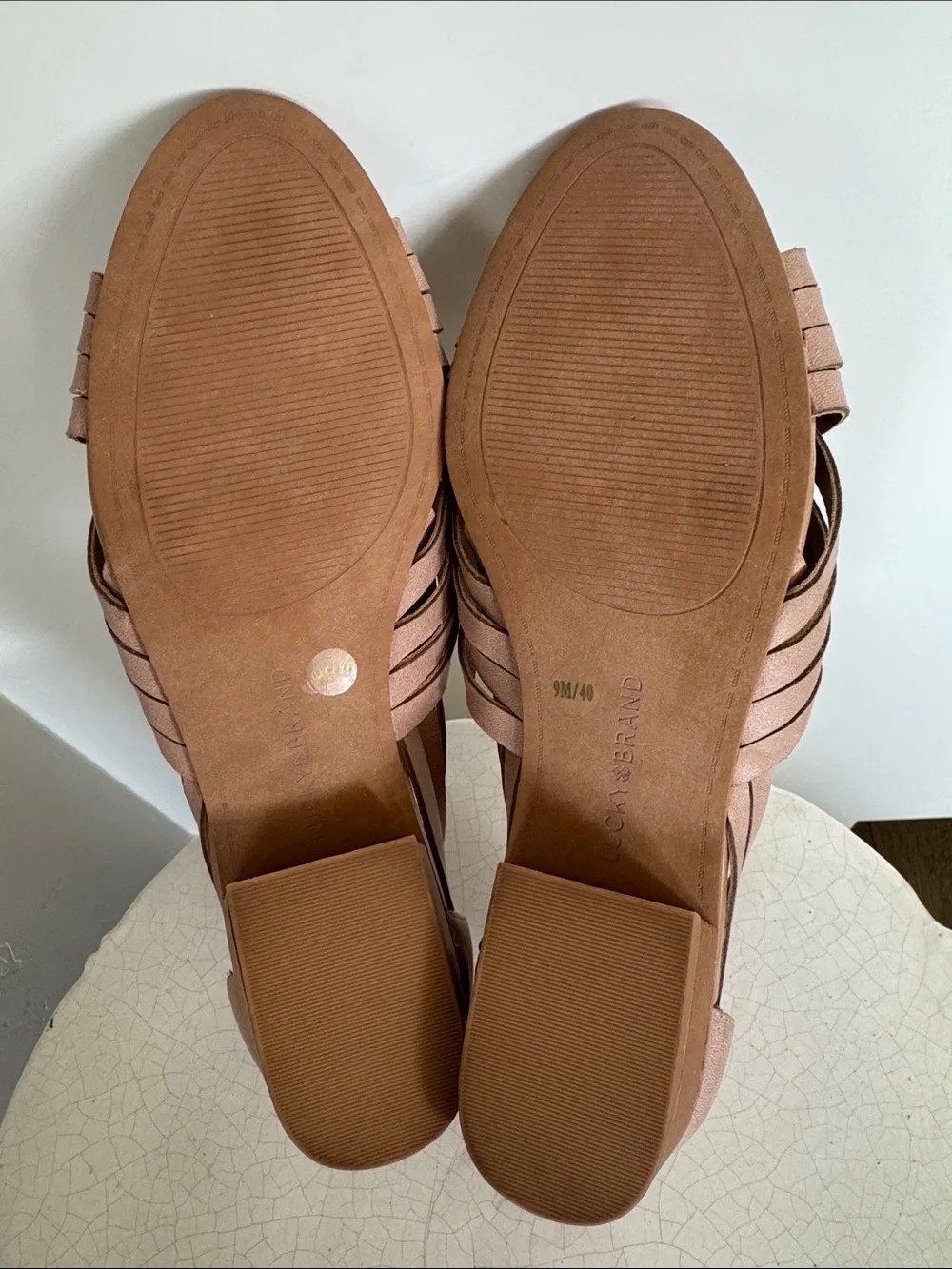 Lucky Brand Blush Pink Leather Woven Block Heel Sandals Open Toe Casual Size 9